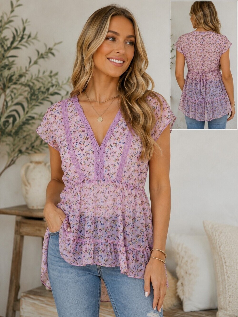 Y2K Eyelash Couture Semi Sheer Lilac Hi-low Floral Print Top